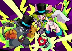 Rule 34 | 1girl, 2boys, alternate color, animal ears, blush stickers, breasts, gloves, green hair, hat, headphones, heart, heart (mad rat dead), heart tail, highres, hikobae, leotard, mad rat, mad rat dead, microphone, mouse (animal), mouse ears, mouse girl, mouse tail, multiple boys, nippon ichi, rat god, red eyes, tail, tie clip, top hat, wings, wrist cuffs