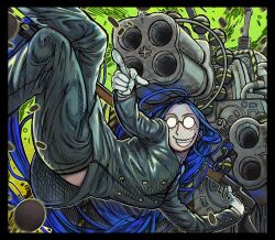 Rule 34 | 1girl, ahoge, buttons, formal, freckles, glasses, gloves, green background, grin, gun, hatching (texture), hellsing, highres, lever, long hair, machinery, ohanessia, parted bangs, pointing, pointing at viewer, rip van winkle, round eyewear, sharp teeth, smile, solo, suit, teeth, very long hair, weapon
