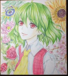 Rule 34 | 1girl, ascot, bad id, bad pixiv id, cherry blossoms, collared shirt, dated, flower, green hair, hair between eyes, kazami yuuka, long sleeves, looking at viewer, passion flower, photo (medium), plaid, plaid vest, red eyes, red vest, rose, sen hisame, shirt, short hair, signature, smile, solo, sunflower, touhou, traditional media, upper body, vest, white background, white shirt, yellow ascot