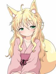 Rule 34 | 1girl, ahoge, animal ears, blonde hair, blush, child, closed mouth, flat chest, green eyes, half-closed eyes, japanese clothes, kimono, long hair, looking at viewer, natsu no koucha, original, simple background, solo, tail, white background