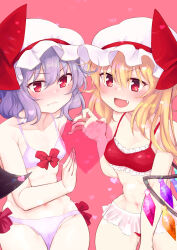 Rule 34 | 2girls, bikini, blonde hair, breasts, cleavage, closed mouth, cowboy shot, dra (area-s), fang, flandre scarlet, frilled bikini, frills, hair ribbon, hat, heart, highres, light purple hair, mob cap, multiple girls, navel, open mouth, pink background, red bikini, red eyes, red ribbon, remilia scarlet, ribbon, siblings, side ponytail, sisters, small breasts, swimsuit, touhou, wavy hair, white bikini, white headwear