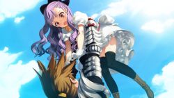 Rule 34 | 1boy, 1girl, aged down, armor, arms up, black thighhighs, blue sky, boots, brown footwear, brown hair, carrying, carrying overhead, carrying person, collarbone, day, dress, eiyuu senki, game cg, gauntlets, gawain (eiyuu senki), gloves, japanese armor, knee boots, light rays, looking at another, looking down, looking up, official art, ooyari ashito, open mouth, puffy short sleeves, puffy sleeves, purple hair, red eyes, red ribbon, ribbon, short sleeves, shoulder pads, sky, sun, sunlight, teeth, thighhighs, tongue, white dress, white gloves, zettai ryouiki