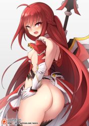 Rule 34 | 1girl, ass, back, black thighhighs, blush, breasts, cape, elesis (elsword), elsword, gloves, heart, heart-shaped pupils, holding, holding weapon, long hair, md5 mismatch, nipples, open mouth, polearm, red eyes, red hair, resolution mismatch, shield, sideboob, small breasts, solo, source larger, spear, symbol-shaped pupils, teeth, thighhighs, torn clothes, waero, watermark, weapon, web address, white gloves