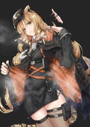 Rule 34 | 1girl, absurdres, arknights, black background, blonde hair, coat, dress, fanning self, green hair, hat, highres, kuromu, long hair, looking at viewer, short dress, solo, steam, steaming body, sweat, swire (arknights), thigh strap, thighhighs
