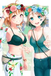 Rule 34 | 2girls, :d, absurdres, ahoge, arm up, black bra, blue eyes, blue flower, blue nails, blue pants, blue rose, blue shirt, bra, bracelet, breasts, brown hair, cleavage, collarbone, crop top, denim, flower, grin, hair flower, hair ornament, head wreath, highres, jewelry, looking at viewer, love live!, love live! sunshine!!, medium breasts, midriff, multicolored nails, multiple girls, nail polish, navel, open mouth, orange flower, orange hair, orange nails, outdoors, pants, pink flower, pink rose, red eyes, red flower, rose, shirt, short hair, sleeveless, sleeveless shirt, smile, standing, stomach, swept bangs, takami chika, toine, underwear, watanabe you, watch, white pants, wristwatch