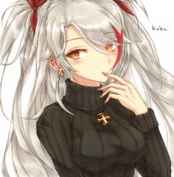 Rule 34 | 1girl, alternate costume, azur lane, black sweater, blush, breasts, casual, closed mouth, commentary request, cross, cross necklace, earrings, eyelashes, fingernails, hair between eyes, hair ribbon, heart, heart earrings, highres, iron cross, jewelry, kyuumoto kuku, long fingernails, long hair, long sleeves, medium breasts, multicolored hair, nail polish, necklace, pink nails, prinz eugen (azur lane), red hair, red ribbon, ribbon, silver hair, simple background, solo, streaked hair, sweater, teeth, tsurime, turtleneck, turtleneck sweater, two side up, upper body, upper teeth only, white background