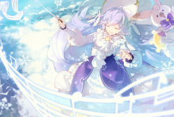 Rule 34 | 1girl, 1other, beamed eighth notes, blue bow, blue bowtie, blue hair, blurry, blurry foreground, bow, bowtie, closed eyes, cloud, conductor baton, dress, eighth note, frilled dress, frills, hands up, hatsune miku, headdress, holding, holding instrument, instrument, light blue hair, linfi-muu, long hair, musical note, neckerchief, open mouth, rabbit, rabbit yukine, rainbow, smile, snowflakes, staff (music), standing, sun ornament, twintails, very long hair, vocaloid, white dress, yuki miku, yuki miku (2023) (applicant)