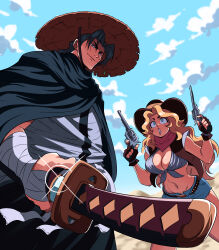 Rule 34 | 1boy, 1girl, absurdres, ammunition belt, bandaged arm, bandages, black cloak, black eyes, black hair, blonde hair, blue eyes, blue sky, breasts, brown vest, cleavage, cloak, cloud, commentary, cow girl, cowboy hat, denim, denim shorts, dual wielding, fingerless gloves, foreshortening, from below, front-tie top, gloves, gun, handgun, hat, highres, holding, holding gun, holding weapon, katana, large breasts, midriff, mouth hold, navel, neckerchief, original, red neckerchief, revolver, ronin, sheath, short shorts, shorts, sky, sparkle, stalk in mouth, sword, tina fate, vest, wavy hair, weapon