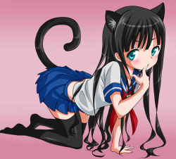 Rule 34 | 1girl, aira (jwgt), all fours, animal ears, aqua eyes, aria (jwgt), black hair, black thighhighs, cat ears, cat tail, finger to mouth, gradient background, highres, long hair, looking at viewer, midriff, neckerchief, no shoes, parted lips, pink background, purple background, school uniform, serafuku, short sleeves, solo, tail, thighhighs, zettai ryouiki
