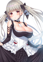 Rule 34 | 1girl, azur lane, bare shoulders, between breasts, black bow, black dress, blush, bow, breasts, cleavage, closed mouth, collarbone, commentary request, corset, cowboy shot, detached collar, dress, formidable (azur lane), frilled dress, frills, hair bow, highres, large breasts, long hair, long sleeves, looking at viewer, red eyes, silver hair, simple background, skirt hold, solo, super nagoyaka, twintails, very long hair, white background