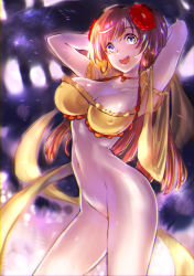 Rule 34 | 1girl, :d, absurdres, arabian clothes, armpits, arms behind head, blue eyes, bottomless, breasts, brown hair, bustier, cleavage, earrings, emoshon, covered erect nipples, fate/grand order, fate (series), flower, hair flower, hair ornament, highres, hoop earrings, jewelry, large breasts, long hair, looking at viewer, mata hari (fate), navel, necklace, open mouth, smile, solo, stomach, sweat