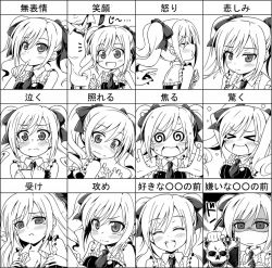 Rule 34 | &gt; &lt;, 10s, 1boy, 1girl, @ @, belt, blush, bone, breasts, chart, cleavage, collarbone, crying, drill hair, expression chart, expressions, closed eyes, face, facial hair, goatee, greyscale, hand up, happy, idolmaster, idolmaster cinderella girls, kanzaki ranko, medium breasts, monochrome, multiple views, necktie, open mouth, pencil, pout, producer (idolmaster), sad, short hair, skull, sleeveless, tears, translation request, twintails, uraichishi, wavy mouth