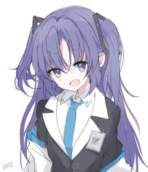Rule 34 | 1girl, artist name, blue archive, blue eyes, blue necktie, core (mayomayo), highres, jacket, looking to the side, necktie, open mouth, purple hair, simple background, solo, triangle hair ornament, two-sided fabric, two-sided jacket, two side up, upper body, white background, yuuka (blue archive)