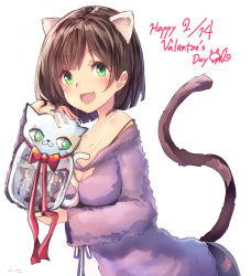 Rule 34 | 1girl, :d, animal ears, bare shoulders, blush, breasts, brown hair, cat ears, cat tail, cleavage, cleavage cutout, clothing cutout, dated, fang, green eyes, happy valentine, idolmaster, idolmaster cinderella girls, jar, long sleeves, looking at viewer, maekawa miku, medium breasts, open mouth, short hair, simple background, smile, solo, tail, valentine, white background, xe-cox