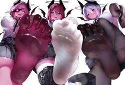 Rule 34 | 3girls, :d, absurdres, black footwear, black halo, black horns, black nails, black pantyhose, black skirt, blue eyes, blush, boots, breasts, bright pupils, covered erect nipples, demon, demon girl, demon horns, eyepatch, feet, foot focus, from below, greek toe, hair between eyes, halo, hand on own chin, hand up, heart, heart-shaped pupils, highres, holding, holding boots, holding clothes, holding footwear, holding shoes, horns, huge breasts, large breasts, long hair, looking at viewer, looking down, multiple girls, nail polish, no shoes, open mouth, original, paid reward available, pantyhose, pleated skirt, purple hair, red hair, red pantyhose, shirt, shoes, short hair, sidelocks, simple background, skirt, smell, smile, soles, spread toes, standing, standing on one leg, star-shaped pupils, star (symbol), steaming body, symbol-shaped pupils, thighs, toe scrunch, toenail polish, toenails, toes, uniform, w (w64851564), white background, white pantyhose, white pupils, white shirt