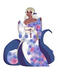 Rule 34 | 1girl, animal ears, bare shoulders, blue kimono, breasts, cleavage, closed mouth, dark-skinned female, dark skin, earrings, facial mark, floral print, full body, gradient hair, grey hair, highres, japanese clothes, jewelry, kimono, lamia, large breasts, long hair, long sleeves, looking at viewer, manos, monster girl, multicolored hair, obi, off shoulder, pink eyes, pointy ears, sash, seigaiha, simple background, sleeves past wrists, smile, solo, standing, very long hair, white background, white hair, white kimono, wide sleeves