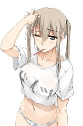 Rule 34 | 1girl, breasts, cleavage, clothes writing, collarbone, commentary, crop top, crop top overhang, graf zeppelin (kancolle), hand in own hair, kantai collection, large breasts, looking at viewer, messy hair, no pants, one eye closed, panties, purple eyes, see-through, shirt, short sleeves, sidelocks, simple background, sketch, sleepy, solo, t-shirt, translated, twintails, underwear, upper body, white background, white panties, white shirt, zekkyon