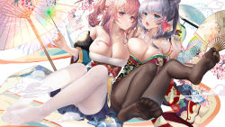 Rule 34 | 2girls, bare shoulders, black legwear, blue eyes, breasts, feet, fh moya, geta, hand fan, highres, japanese clothes, kimono, large breasts, looking at viewer, multiple girls, no shoes, obi, oil-paper umbrella, open mouth, original, pantyhose, pink eyes, red hair, sash, silver hair, soles, thighband pantyhose, thighhighs, toes, umbrella, white legwear