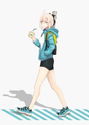 Rule 34 | 1girl, backpack, bag, black shorts, blonde hair, blue jacket, breasts, closed mouth, cup, fate/grand order, fate (series), from side, grey eyes, hair ornament, hakugin006, hand in pocket, highres, holding, holding cup, hood, hooded jacket, jacket, looking at viewer, medium hair, okita souji (fate), okita souji (koha-ace), open clothes, open jacket, shirt, shoes, shorts, simple background, sneakers, solo, standing, tachi-e, white shirt