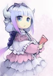 Rule 34 | 1girl, bad id, bad pixiv id, blue eyes, blue hair, blunt bangs, book, bow, bright pupils, capelet, commentary request, dragon horns, dress, frilled skirt, frills, from side, gradient hair, hair bobbles, hair bow, hair ornament, hairband, highres, holding, holding book, horns, hoshizaki reita, kanna kamui, kobayashi-san chi no maidragon, long hair, long sleeves, looking at viewer, looking to the side, multicolored hair, multiple horns, open book, parted lips, pink dress, ponytail, purple hair, signature, skirt, slit pupils, solo, upper body