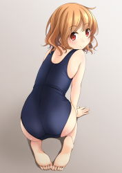 Rule 34 | 1girl, all fours, ass, barefoot, brown hair, feet, from behind, gradient background, grey background, highres, looking at viewer, looking back, one-piece swimsuit, original, red eyes, school swimsuit, shibacha (shibacha 0728), short hair, soles, solo, swimsuit, toes, wavy hair