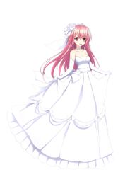 Rule 34 | 1girl, breasts, cleavage, conspiracy field snow trap, dress, elbow gloves, full body, gloves, hair ornament, hairclip, highres, jiangchengxue, long hair, looking at viewer, medium breasts, non-web source, open mouth, pink eyes, pink hair, simple background, smile, solo, veil, wedding dress, white background