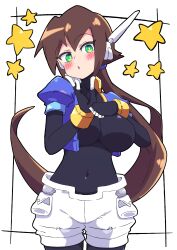 Rule 34 | 1girl, absurdres, aile (mega man zx), black bodysuit, blush, bodysuit, breasts, brown hair, buzzlyears, cropped jacket, female focus, green eyes, heart, highres, jacket, large breasts, long hair, mega man (series), mega man zx, mega man zx advent, navel, open clothes, open jacket, ponytail, pout, robot ears, shorts, tagme