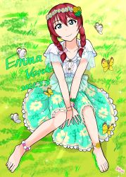 Rule 34 | 1girl, absurdres, aqua eyes, aqua skirt, arcadia gwsns, artist name, artist request, bare legs, barefoot, blue eyes, blush, bow, bracelet, braid, breasts, brown hair, bug, butterfly, clover, clover bracelet, clover hair ornament, collarbone, delightful waltz (love live!), dress, emma verde, feet, female focus, floral print, flower, flower bracelet, flower print, flower wreath, four-leaf clover, four-leaf clover bracelet, freckles, frilled skirt, frills, full body, grass, hair between eyes, hair bow, hair flower, hair ornament, hair tie, hairclip, head wreath, highres, insect, jewelry, layered skirt, long hair, looking at viewer, love live!, love live! nijigasaki high school idol club, love live! school idol festival, love live! school idol festival all stars, miniskirt, on grass, parted lips, pink bow, plaid, plaid dress, plaid skirt, pleated, pleated dress, pleated skirt, red hair, short sleeves, skirt, small breasts, smile, solo, sparkle, sunflower, sunflower hair ornament, twin braids, twintails, white dress, yellow flower