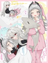Rule 34 | &gt; &lt;, 2girls, adjusting another&#039;s hair, arknights, bed, black nightgown, blue nails, blush, chibi, closed eyes, collared shirt, commentary request, dress, eye contact, face-to-face, grey eyes, grey hair, half-closed eyes, hand on another&#039;s cheek, hand on another&#039;s face, hat, head wings, highres, irene (arknights), long hair, long sleeves, looking at another, multiple girls, music, musical note, nail polish, nightcap, nightgown, nochatea, hugging object, on bed, one eye closed, open mouth, pajamas, pants, pillow, pink headwear, pink pajamas, pink pants, pink shirt, puffy long sleeves, puffy sleeves, red ribbon, ribbon, scar, scar across eye, shirt, singing, sitting, sleepy, smile, specter (arknights), speech bubble, standing, stuffed animal, stuffed shark, stuffed toy, tears, thought bubble, translation request, under covers, very long hair, wings, yawning, yuri