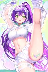 Rule 34 | 1girl, absurdres, arms up, ass, bandaid, bandaid on thigh, bare legs, breasts, cleavage, cowboy shot, crop top, demon tail, fangs, gloves, green eyes, highres, hololive, kneehighs, large breasts, leg lift, leg up, long hair, long sleeves, looking at viewer, midriff, navel, navel piercing, official alternate costume, open fly, open mouth, piercing, ponytail, purple hair, ribbed shirt, see-through, see-through sleeves, shirt, short shorts, shorts, shrug (clothing), smile, socks, solo, split, standing, standing on one leg, standing split, stomach, stomach tattoo, sugiki, tail, tattoo, thigh strap, thighs, tokoyami towa, tokoyami towa (5th costume), very long hair, virtual youtuber, white gloves, white shirt, white shorts, white socks