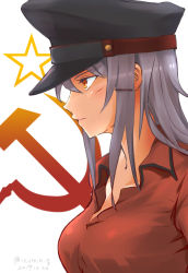 Rule 34 | 1girl, breasts, closed mouth, dated, gangut (kancolle), grey hair, hammer and sickle, hat, izumikuma, kantai collection, large breasts, long hair, military, military hat, orange eyes, peaked cap, profile, red shirt, shirt, simple background, star (symbol), twitter username, white background