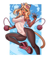 Rule 34 | 1girl, absurdres, animal ears, antenna hair, black gloves, black pantyhose, blonde hair, breasts, cat ears, cat girl, cat tail, character request, cleavage, cleavage cutout, clothing cutout, copyright request, covered navel, dark-skinned female, dark skin, fingerless gloves, gloves, green eyes, highres, large breasts, leotard, lips, looking at viewer, medium hair, mole, mole under eye, pantyhose, pink footwear, pink lips, ravenousruss, shoes, sneakers, solo, tail, teeth, upper teeth only, white leotard, yarn, yarn ball