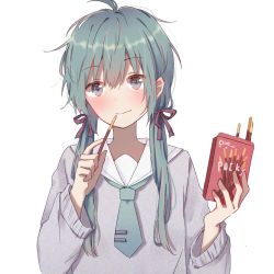 Rule 34 | 1girl, aqua hair, aqua necktie, bad id, bad pixiv id, black dress, blouse, blue eyes, blush, box, closed mouth, cowboy shot, dress, food, grey shirt, hair ribbon, hatsune miku, holding, holding box, long hair, long sleeves, long twintails, looking at viewer, loose clothes, loose shirt, mimengfeixue, necktie, pleated skirt, pocky, ribbon, sailor collar, school uniform, shirt, simple background, skirt, smile, solo, standing, twintails, upper body, vocaloid, white background, white sailor collar