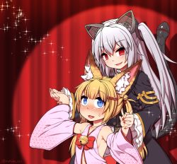 Rule 34 | 2girls, animal ear fluff, animal ears, arms up, bell, black dress, blonde hair, blue eyes, blush, cat ears, cat tail, detached sleeves, dress, fake animal ears, fake tail, fang, fox ears, grey hair, hair ornament, hairclip, holding hands, jingle bell, kemomimi oukoku kokuei housou, long hair, mikoko (kemomimi oukoku kokuei housou), multiple girls, nora cat, nora cat channel, open clothes, open mouth, open shirt, pink shirt, red eyes, rutsubo, shirt, smile, tail, twintails, two side up, upper body, virtual youtuber