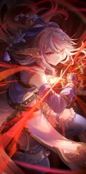 Rule 34 | 1girl, armlet, belt, blue dress, blue sleeves, blue thighhighs, bracelet, brown belt, commentary request, commission, detached sleeves, drawing sword, dress, grey hair, hair ornament, heterochromia, highres, holding, holding sword, holding weapon, jewelry, kyusoukyu, looking at viewer, medium hair, multicolored clothes, multicolored dress, multicolored hair, original, partial commentary, pink eyes, pink hair, skeb commission, solo, streaked hair, sword, thighhighs, weapon, white dress, yellow eyes
