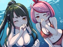 Rule 34 | 2girls, ;t, air bubble, bare arms, bare shoulders, bikini, blue bikini, breasts, brown eyes, bubble, cleavage, closed mouth, commentary request, commission, copyright request, green hair, hair ribbon, hairband, holding breath, large breasts, long hair, multicolored hair, multiple girls, navel, one eye closed, pink hair, pixiv commission, ponytail, red bikini, red eyes, red hair, red hairband, red ribbon, ribbon, streaked hair, swimsuit, tsunaso (lack of sunlight), underwater, very long hair, water, white hair