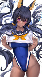 Rule 34 | 1girl, animal ears, black hair, blouse, blue one-piece swimsuit, blue sailor collar, blurry, breasts, covered navel, cowboy shot, dark-skinned female, dark skin, depth of field, hair between eyes, head tilt, highleg, highleg swimsuit, highres, jackal ears, large breasts, long hair, looking at viewer, low twintails, neckerchief, one-piece swimsuit, original, purple eyes, sailor collar, school uniform, serafuku, shirt, simple background, skindentation, smile, solo, standing, swimsuit, swimsuit under clothes, thighs, twintails, untue, very long hair, white background, white shirt, yellow neckerchief