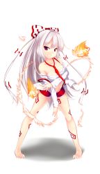 Rule 34 | 1girl, bad feet, bare legs, bare shoulders, barefoot, between breasts, bow, breasts, collarbone, commentary request, eila yagyu, fire, fujiwara no mokou, full body, grin, hair bow, highres, legs apart, long hair, long sleeves, looking at viewer, medium breasts, midriff, navel, necktie, necktie between breasts, off shoulder, ofuda, red eyes, red necktie, red shorts, shadow, shirt, short shorts, shorts, silver hair, simple background, smile, solo, standing, stomach, suspenders, thighs, touhou, very long hair, white background, white bow, white shirt
