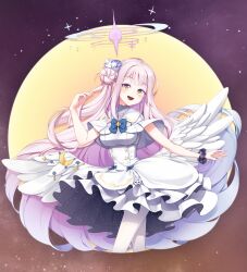 Rule 34 | 1girl, blue archive, dress, halo, highres, large wings, long hair, looking at viewer, mika (blue archive), moon, night, night sky, pantyhose, pink hair, randle, sky, solo, white dress, white pantyhose, white wings, wings, yellow eyes