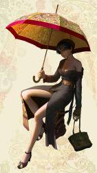 Rule 34 | 1girl, absurdres, aqua eyes, arm at side, bag, bare shoulders, beige background, black kimono, breasts, cleavage, embroidery, empty eyes, full body, hair between eyes, high heels, highres, holding, holding bag, holding umbrella, invisible chair, japanese clothes, kimono, lips, long sleeves, looking away, looking down, multicolored footwear, namic p, off shoulder, original, patterned background, sash, shade, short hair, sitting, sleeves past wrists, solo, umbrella