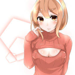 Rule 34 | 1girl, bad id, bad pixiv id, blush, breasts, brown eyes, brown hair, cleavage cutout, clothing cutout, twirling hair, hairband, looking at viewer, meme attire, murabito c, open-chest sweater, ribbed sweater, sajima yumi, school girl strikers, short hair, solo, sweater, upper body
