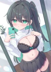 Rule 34 | 1girl, ahoge, black bra, black skirt, black thighhighs, blush, bra, breasts, cellphone, cleavage, clothes lift, colored inner hair, commentary request, green eyes, green hair, hair between eyes, highres, holding, holding phone, indoors, lace, lace-trimmed bra, lace trim, large breasts, long hair, long sleeves, looking at mirror, mikaze oto, miniskirt, mirror, multicolored hair, navel, one side up, original, parted lips, phone, plant, pleated skirt, potted plant, selfie, skirt, smartphone, solo, stomach, streaked hair, sweat, sweater, sweater lift, thighhighs, two-tone hair, underwear, white sweater, zettai ryouiki
