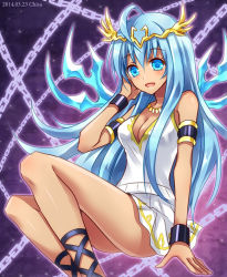 Rule 34 | 1girl, ahoge, andromeda (p&amp;d), bad id, bad pixiv id, bare shoulders, blue eyes, blue hair, bracelet, breasts, chain, chisa, cleavage, dress, jewelry, long hair, looking at viewer, lots of jewelry, matching hair/eyes, open mouth, puzzle &amp; dragons, smile, solo, tiara, white dress