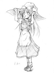 Rule 34 | 1girl, :d, aozora market, apron, bow, female focus, greyscale, hand on headwear, hat, kirisame marisa, long hair, lowres, monochrome, open mouth, simple background, smile, solo, tiptoes, touhou