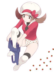 Rule 34 | 1girl, bad id, bad pixiv id, bow, brown eyes, brown hair, cabbie hat, closed mouth, commentary request, creatures (company), dressing, food print, frown, game freak, hat, hat bow, long hair, looking down, lyra (pokemon), nintendo, no shoes, overalls removed, panties, pokemon, pokemon hgss, print panties, pumpkinpan, red bow, red shirt, shirt, solo, split mouth, strawberry panties, strawberry print, thighhighs, twintails, underwear, white hat, white panties, white thighhighs