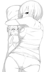Rule 34 | 1girl, absurdres, ass, bad id, bad twitter id, blush, breasts, camisole, cowboy shot, dakimakura (object), dimples of venus, fate/grand order, fate (series), from behind, fujimaru ritsuka (female), greyscale, hair between eyes, hair ornament, hair over one eye, hair scrunchie, highres, ichijou (kr neru0), lineart, looking at viewer, looking back, mash kyrielight, medium breasts, monochrome, no pants, hugging object, one eye closed, panties, pillow, riyo (lyomsnpmp) (style), scrunchie, short hair, side ponytail, sideboob, simple background, solo, strap slip, underwear, underwear only, white background