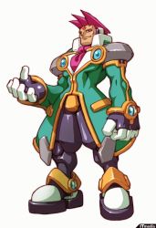 Rule 34 | 1boy, ascot, capcom, facial mark, forehead mark, full body, gloves, looking at viewer, makoto yabe, male focus, mega man (series), mega man zx, official art, red eyes, red hair, serpent, serpent (mega man), short hair, simple background, solo, standing, uniform, white background