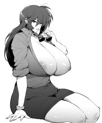 Rule 34 | 1girl, breasts, genderswap, genderswap (mtf), getter robo, highres, huge breasts, jin hayato, long hair, looking at viewer, nipples, open clothes, open shirt, shirt, sitting, skirt, solo, sunglasses removed, thick thighs, thighs, thirty 8ght, watch, wristwatch