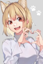 Rule 34 | 1girl, animal ear fluff, animal ears, antenna hair, arcueid brunestud, blonde hair, cat ears, commentary request, fang, grey background, hair between eyes, heart, heart hands, highres, jewelry, long sleeves, necklace, open mouth, partial commentary, paw print, paw print background, red eyes, sarasara shoyu, short hair, simple background, single hair intake, smile, solo, sweater, tsukihime, tsukihime (remake), turtleneck, turtleneck sweater, white sweater