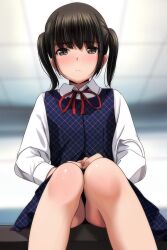 Rule 34 | 1girl, absurdres, black dress, black hair, blurry, blurry background, blush, brown eyes, closed mouth, collared dress, collared shirt, depth of field, dress, feet out of frame, highres, indoors, knees together feet apart, long sleeves, looking at viewer, matsunaga kouyou, neck ribbon, nose blush, original, red ribbon, ribbon, school uniform, shirt, sitting, sleeveless, sleeveless dress, solo, twintails, white shirt